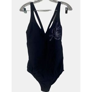 Speedo Ladies One Piece Swim Suit Sz 12 Sparkly‎ Flower Black E